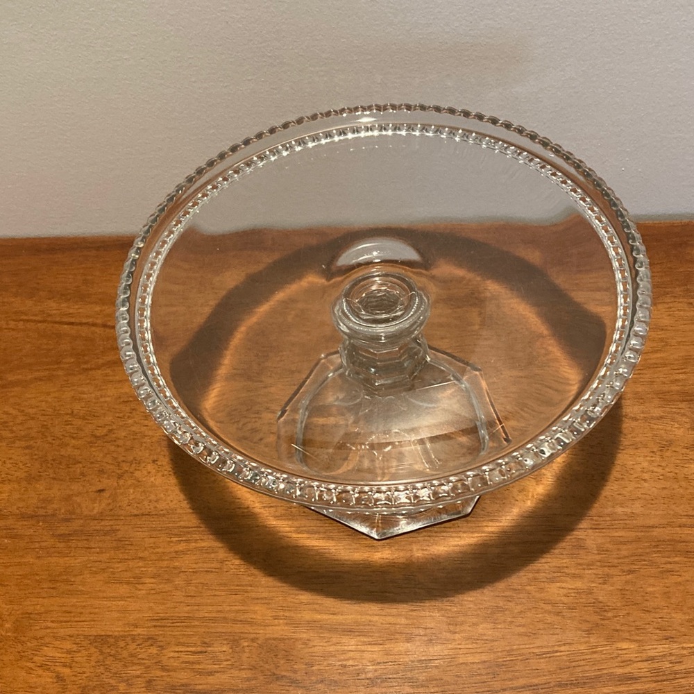 Vintage clear glass pedestal cake stand decorative rim 9" W 5" H mid century